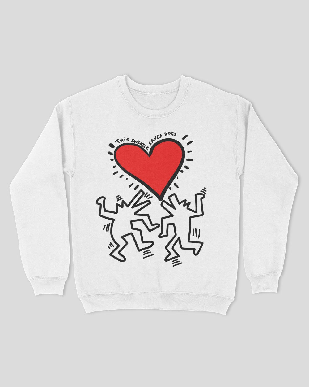 This is a Pawz & Clawz sweatshirt with two dogs and a love heart in the style of Keith Haring