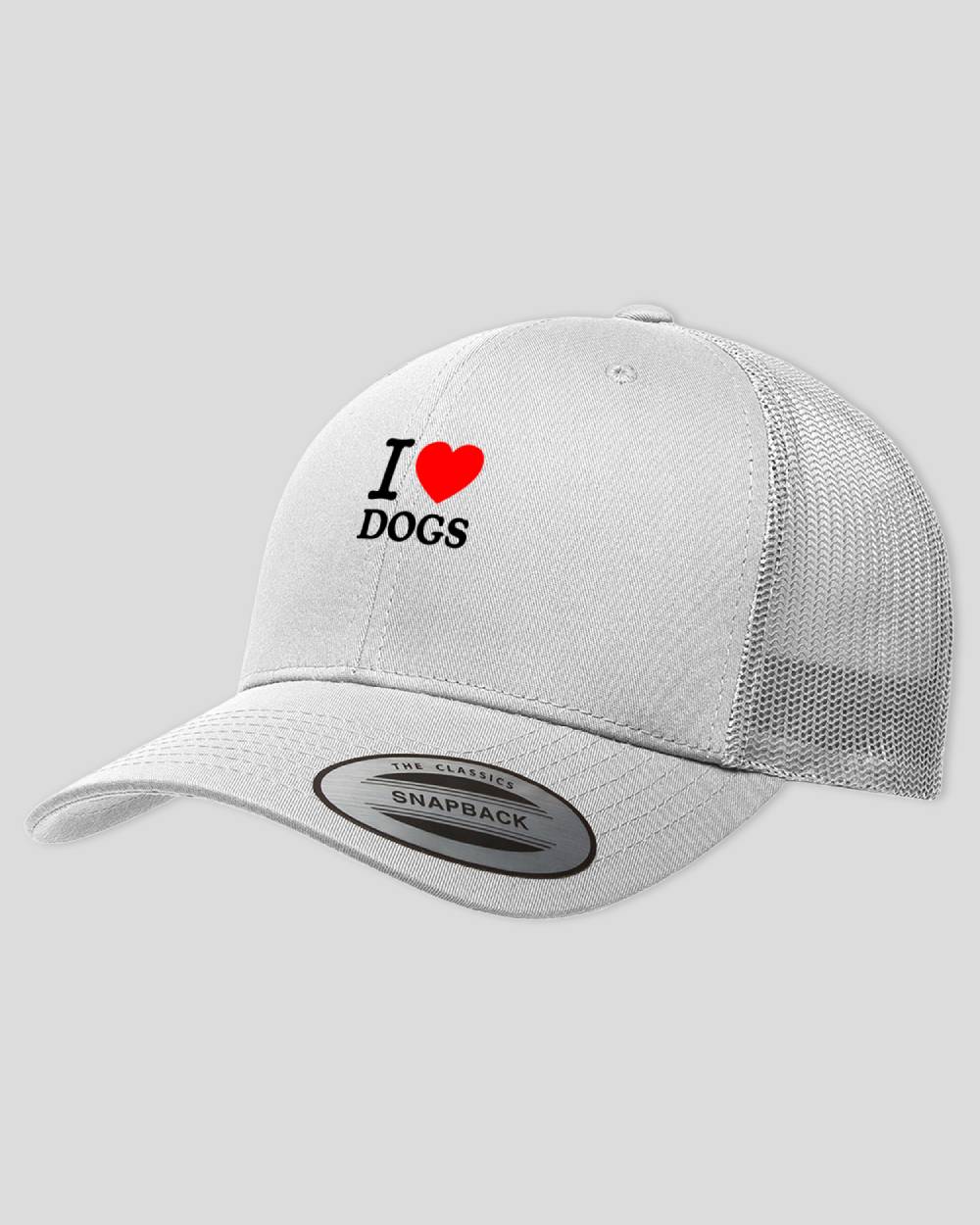 White trucker cap with an I love dogs design on the front.