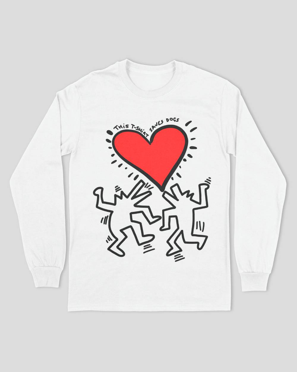 Long-sleeve white Pawz & Clawz t-shirt with two dogs and a love heart design in the style of Keith Haring.