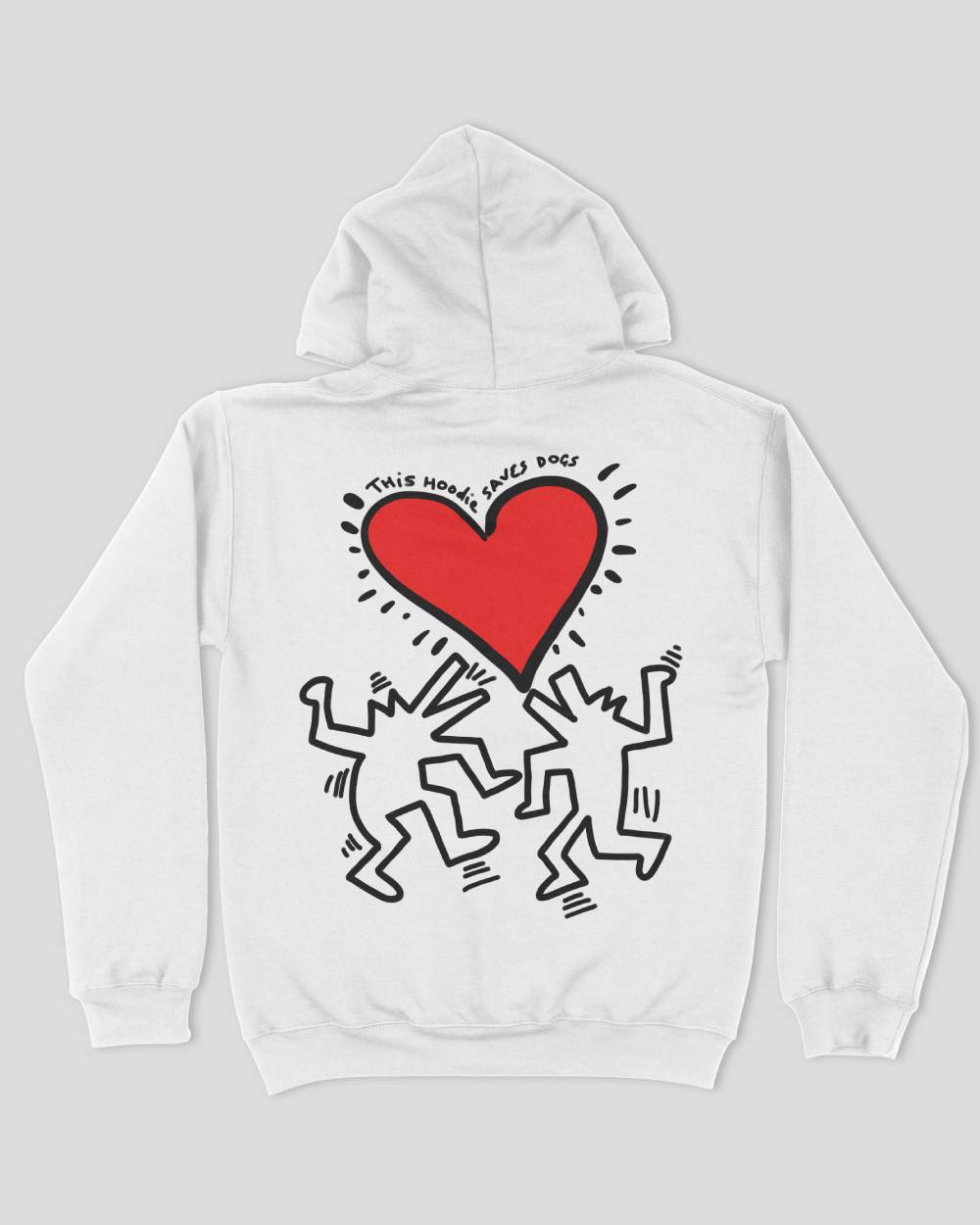 This is a Paws & Clawz white hoodie with a design of two dogs and a love heart in the style of Keith Haring.