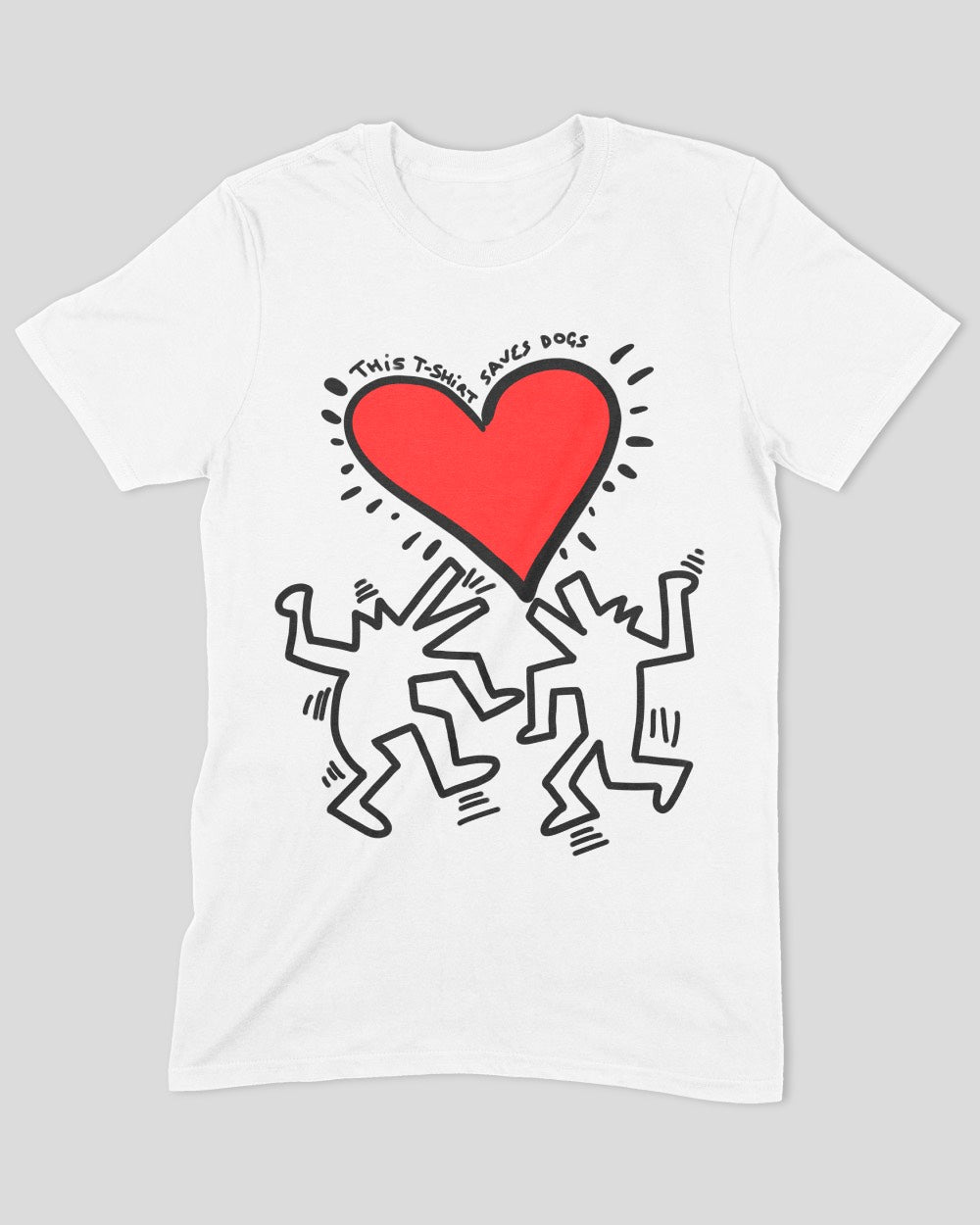 T-Shirt of a design with two dogs and a love heart saying this t-shirt saves dogs